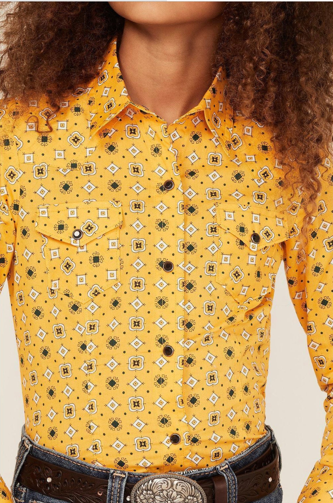Cruel Girl Girls Geo Print L/S Western Snap Shirt - Gold