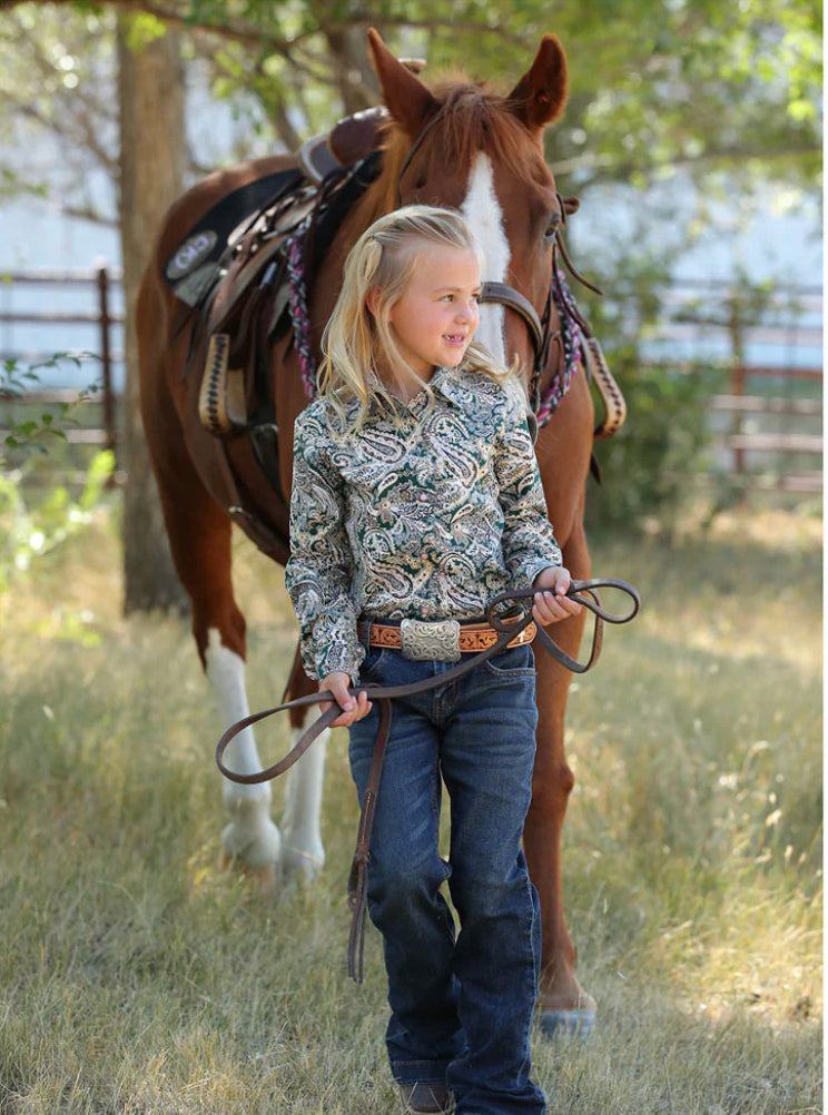 Cruel Girl Girls Green Paisley Print L/S Snap Western Shirt