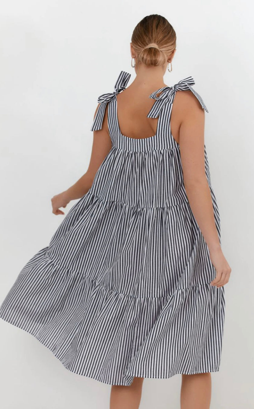 Adorne Poppy Stripe Tie Dress in Pink - Black - Red