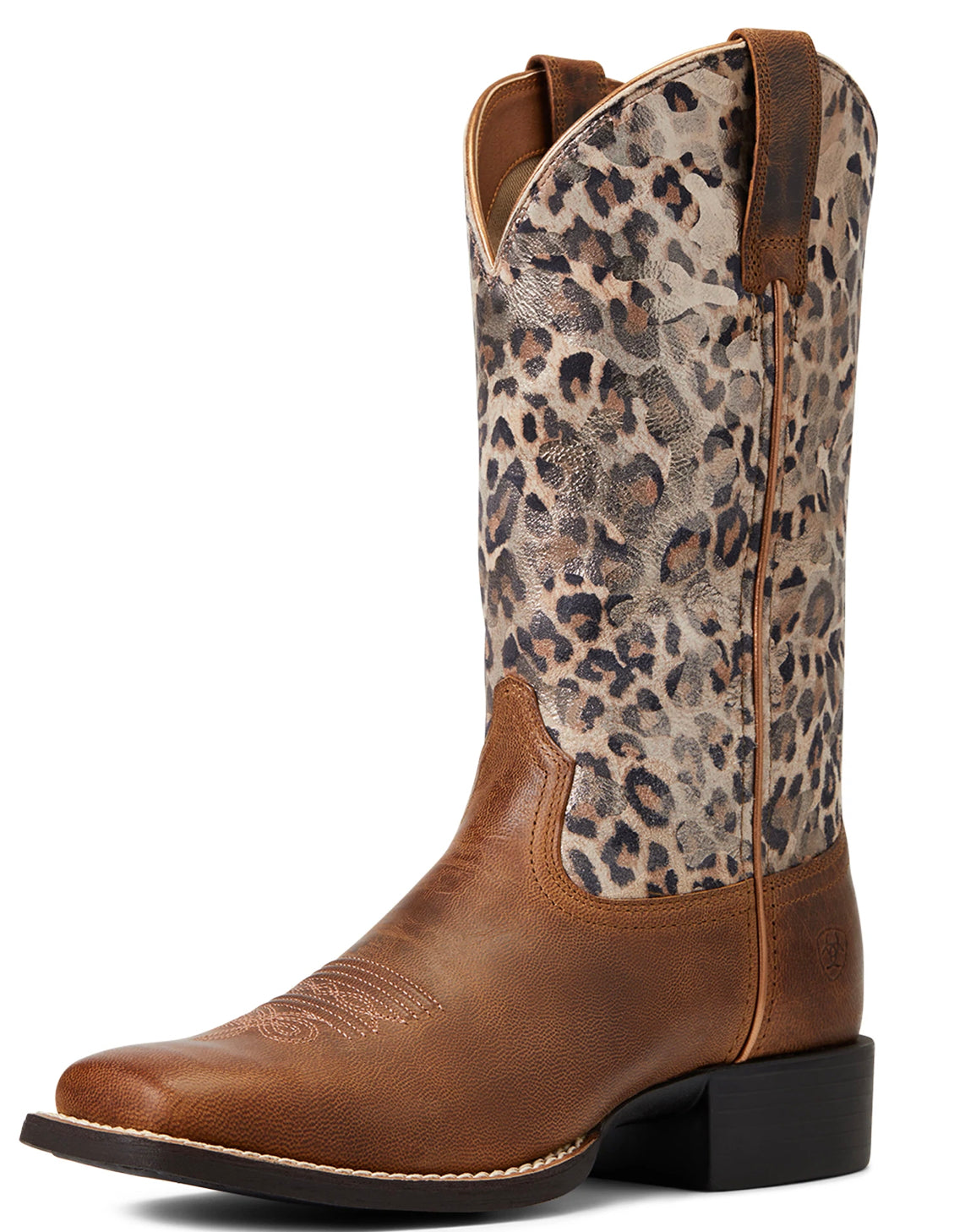 Ariat Ladies Round Up Wide Square Pearl Brown / Metallic Leopard Boots 10040363