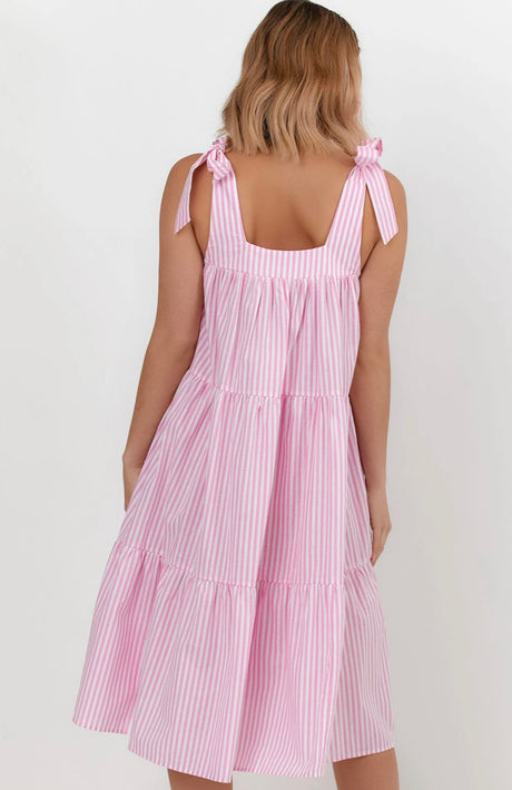 Adorne Poppy Stripe Tie Dress in Pink - Black - Red