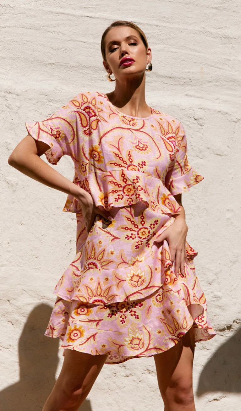 Adorne Ladies Lizzy Ruffle Printed Linen Dress
