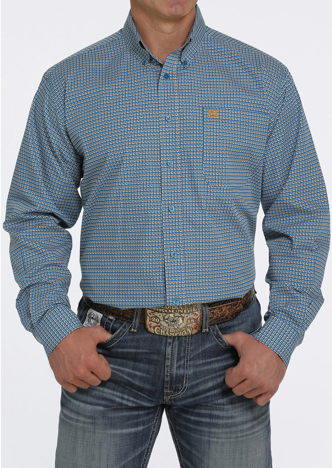 Cinch Mens Square Print Button -Down Western Shirt - Turquoise / Gold