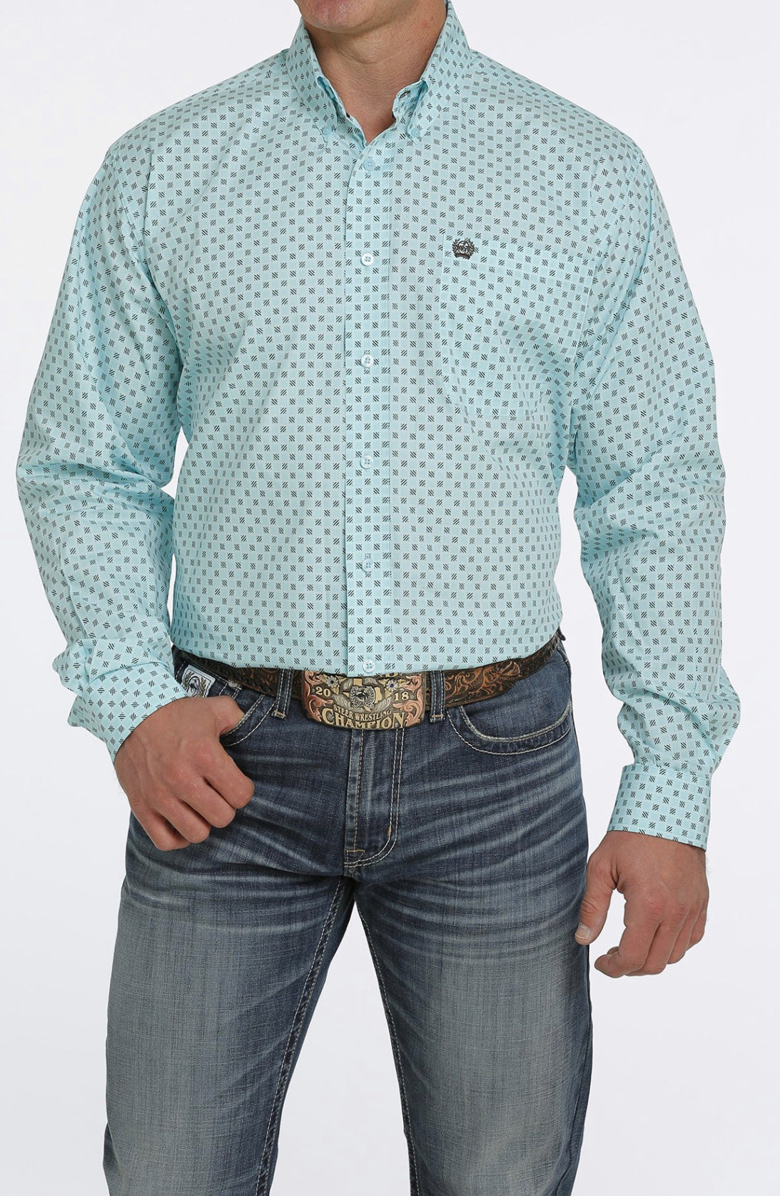 Cinch Mens Square Print Aqua Shirt MTW1105436