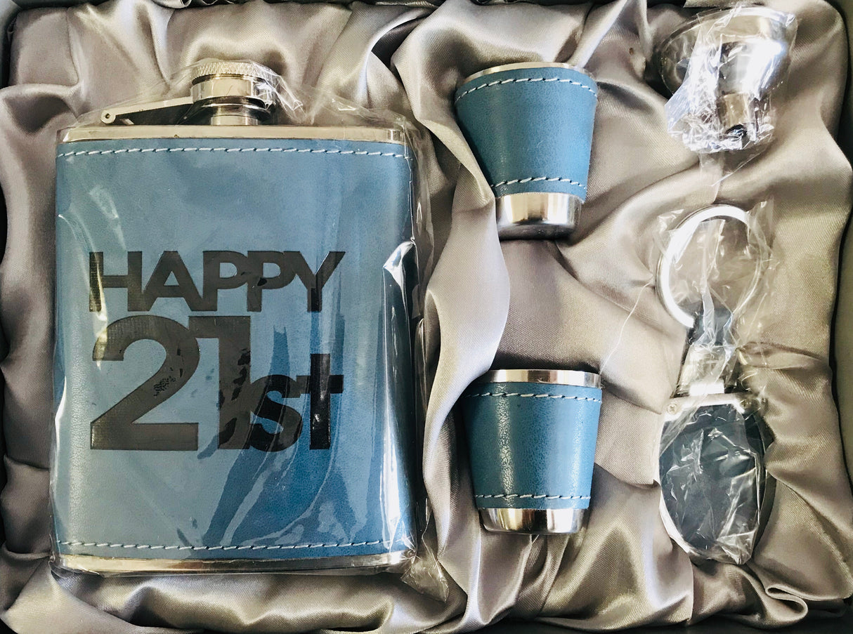 Vidori Blue leather bound Hip Flask set