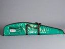 Green rifle case with a visible brand logo on a gray carpet