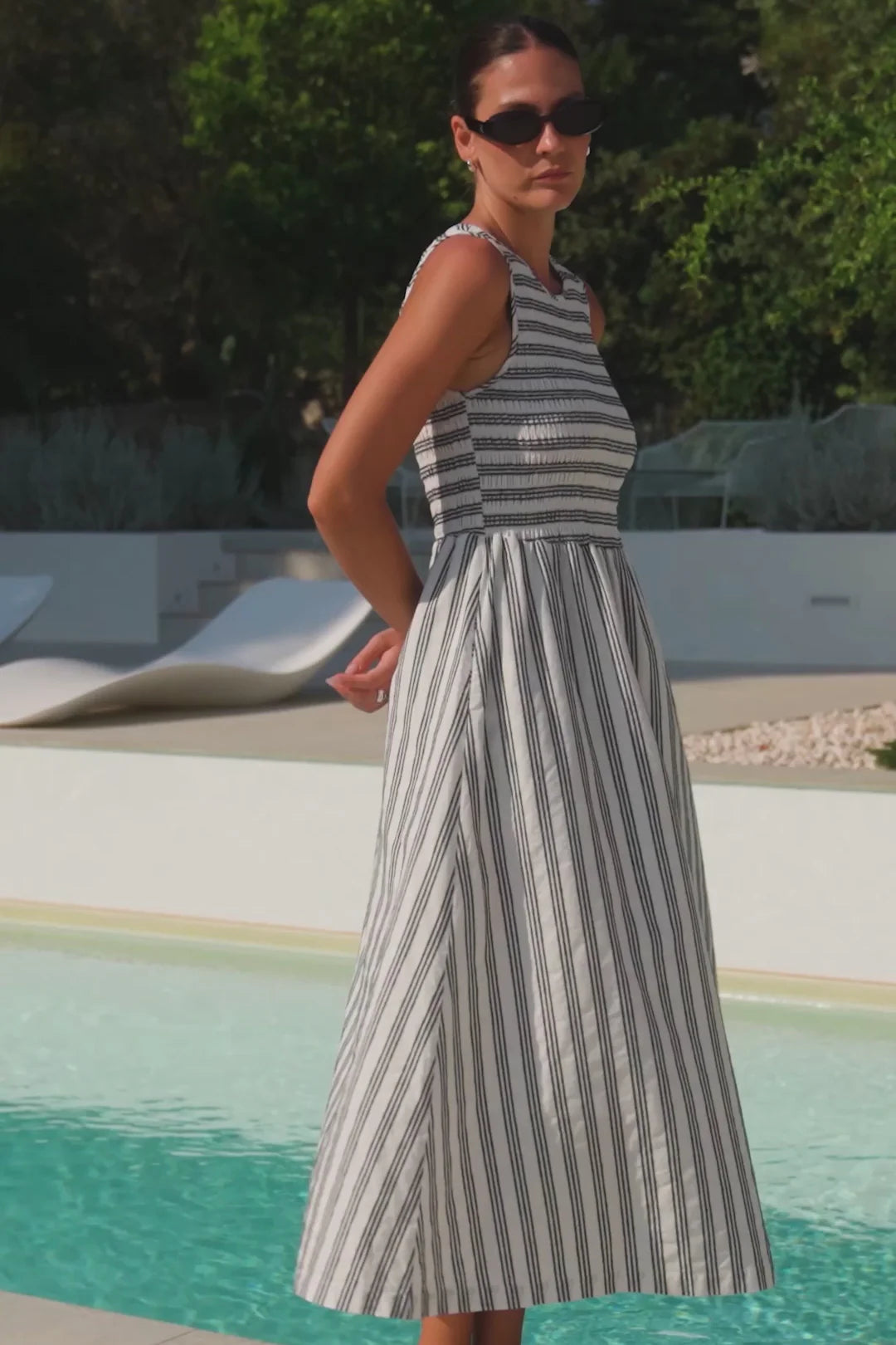 Bryar Ivory Black Stgripe Cotton Sleeveless Shirred Bodice Midi Dress