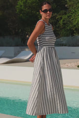 Bryar Ivory Black Stgripe Cotton Sleeveless Shirred Bodice Midi Dress