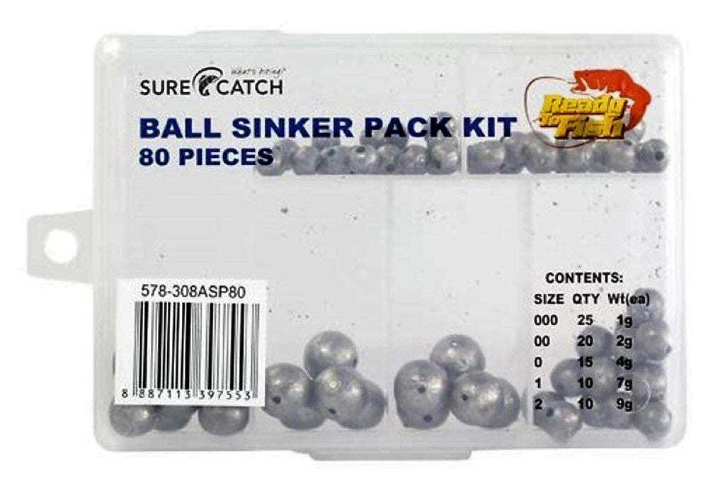 Surecatch Assorted Sinker Pack 80 Ball Sinkers in Tackle Box