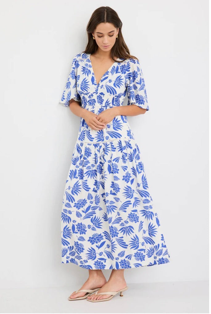 By Rosa Fluent Blue Lotus Flutter Sleeve Tiered Maxi Dress