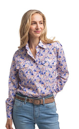 Just Country Women's Georgie Half Button Print Work Shirt - Blue & Baby Pink Watercolour Roses