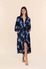 Gingerlilly Recycled Silky Satin Long Robe - Daisy Navy Floral Print