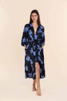 Gingerlilly Recycled Silky Satin Long Robe - Daisy Navy Floral Print