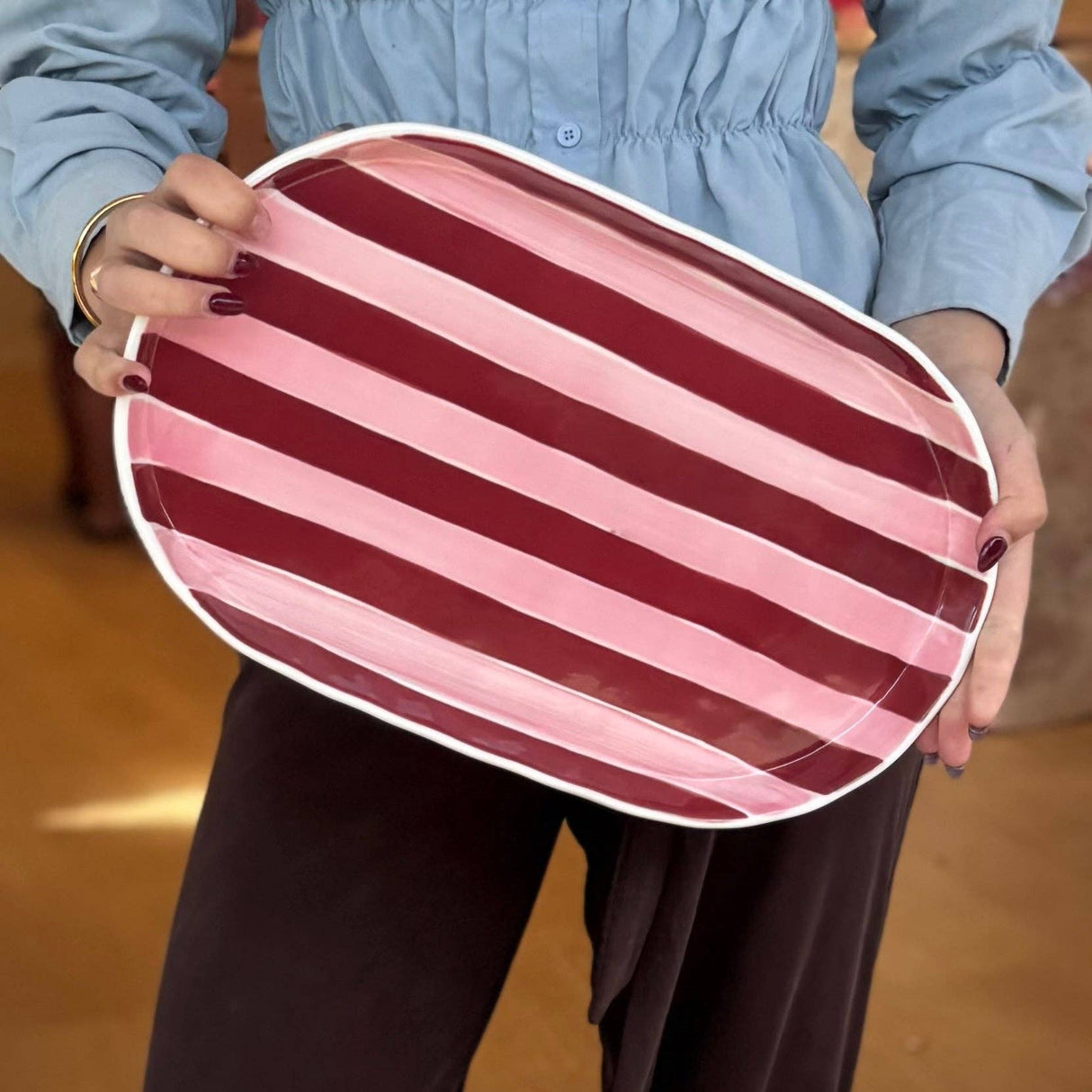 Noss and Co - Ceramic Oval Platter | Pink & Burgundy Stripe