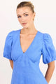 Among The Brave Adelaide Blue Linen Puff Sleeve Panelled Midi Dress