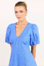 Among The Brave Adelaide Blue Linen Puff Sleeve Panelled Midi Dress