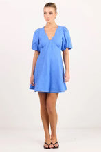 Among The Brave Adelaide Blue Linen Puff Sleeve Panelled Midi Dress