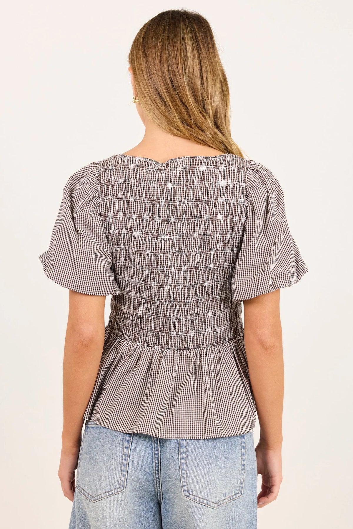 Stories Be Told Artifact Chocolate Mini Gingham Shirred Bubble Sleeve Top