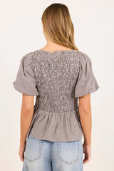Stories Be Told Artifact Chocolate Mini Gingham Shirred Bubble Sleeve Top