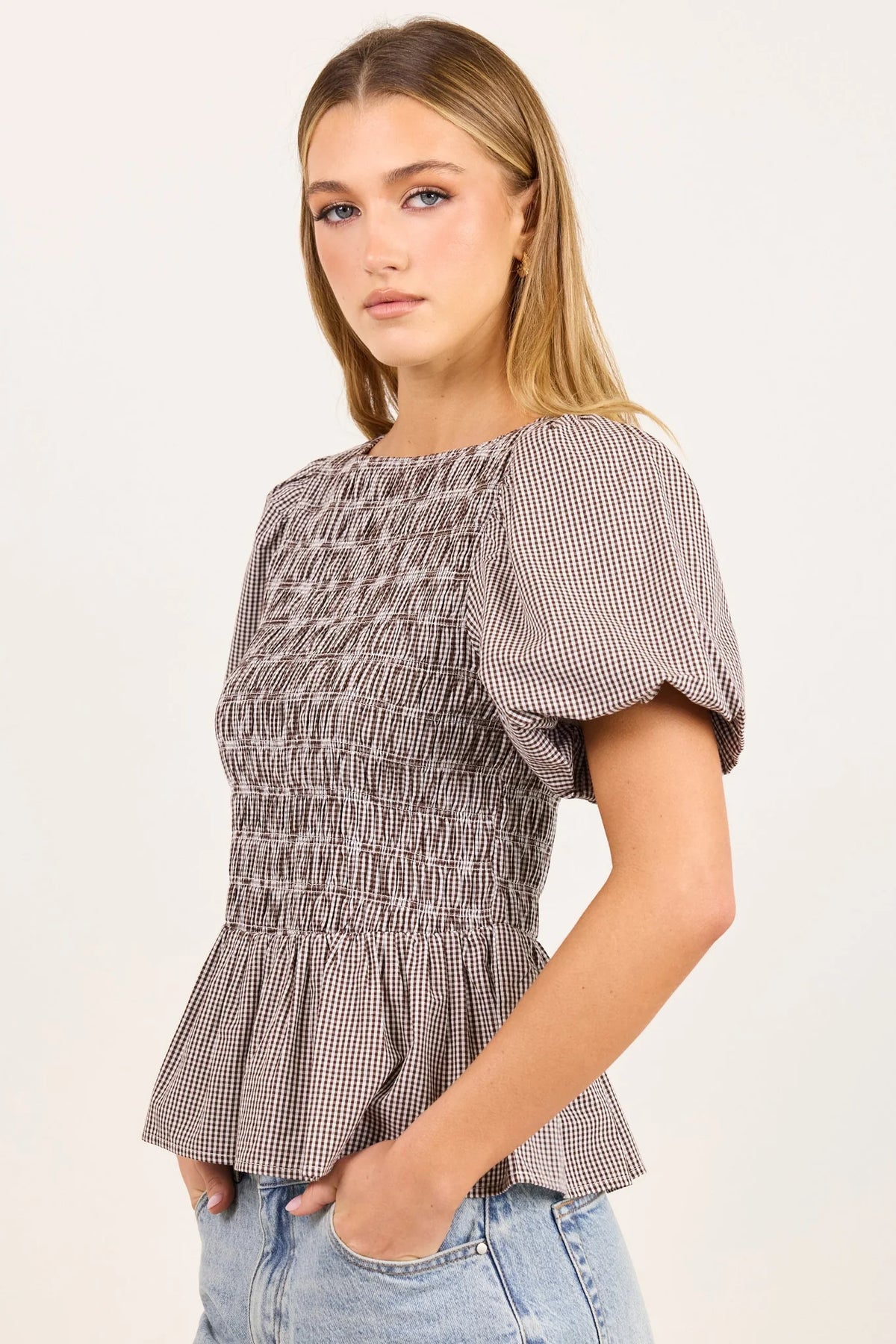 Stories Be Told Artifact Chocolate Mini Gingham Shirred Bubble Sleeve Top