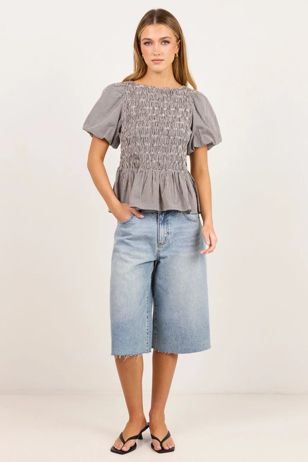 Stories Be Told Artifact Chocolate Mini Gingham Shirred Bubble Sleeve Top