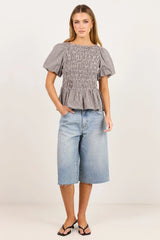 Stories Be Told Artifact Chocolate Mini Gingham Shirred Bubble Sleeve Top