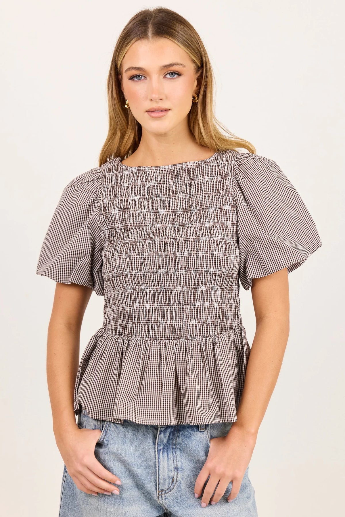 Stories Be Told Artifact Chocolate Mini Gingham Shirred Bubble Sleeve Top