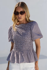 Stories Be Told Artifact Chocolate Mini Gingham Shirred Bubble Sleeve Top