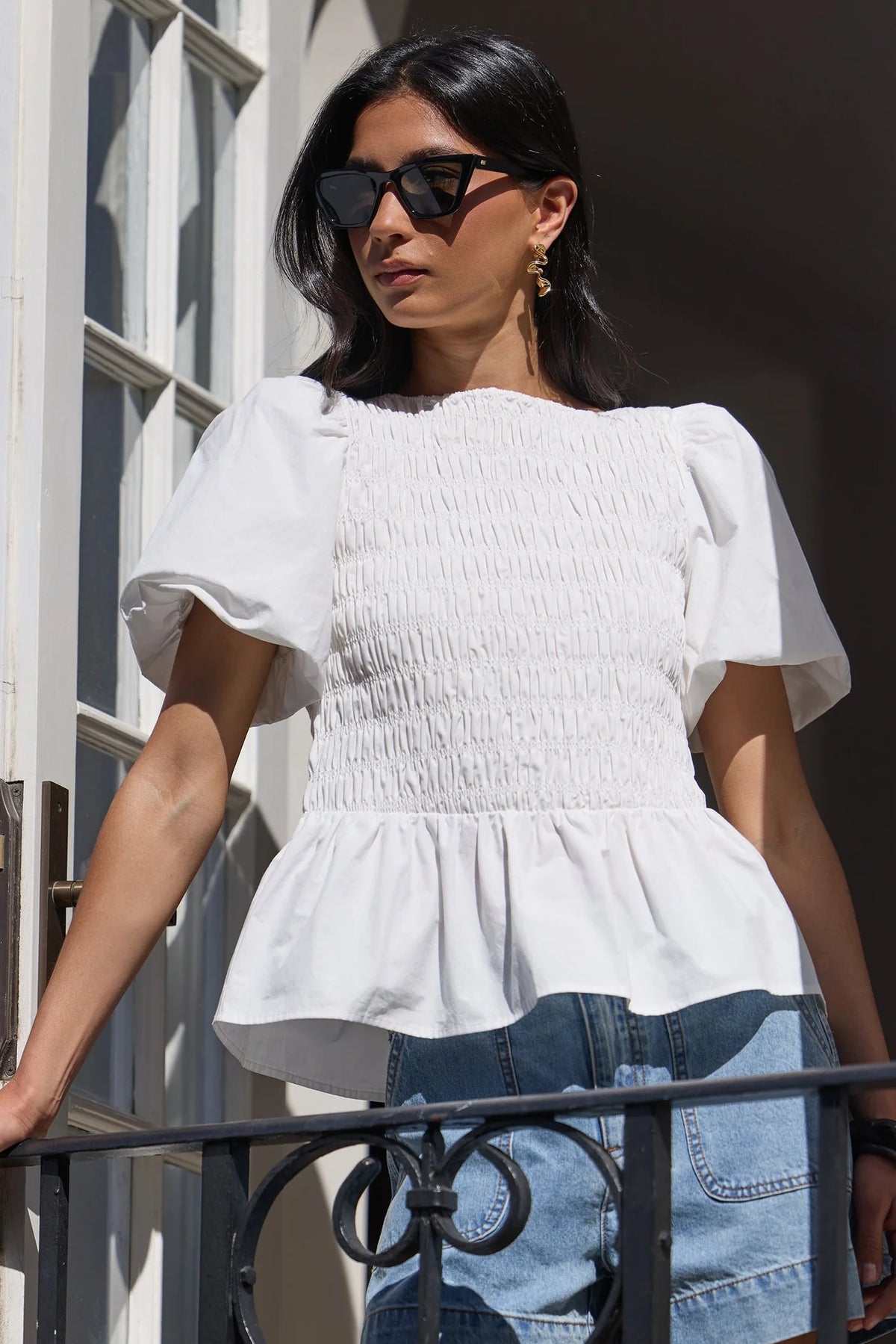 Stories Be Told Artifact Ivory Poplin Shirred Bubble Sleeve Top