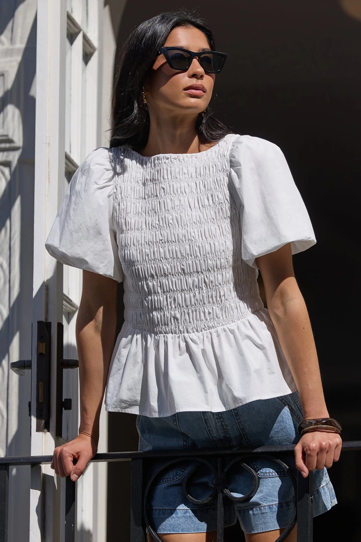 Stories Be Told Artifact Ivory Poplin Shirred Bubble Sleeve Top