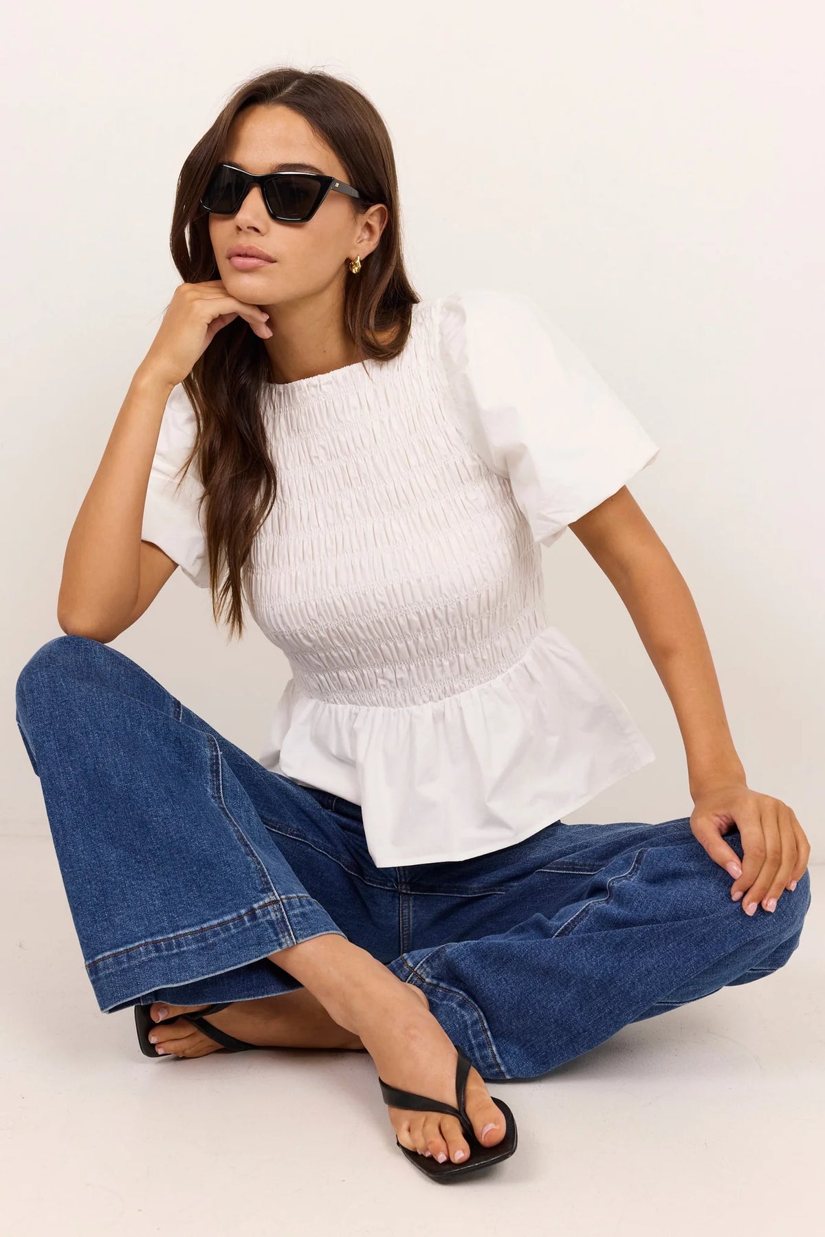 Stories Be Told Artifact Ivory Poplin Shirred Bubble Sleeve Top