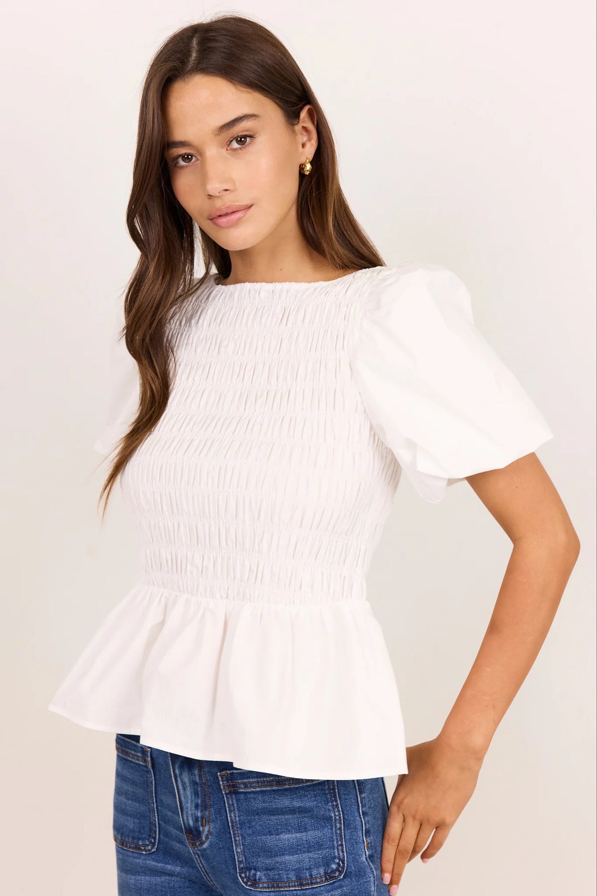 Stories Be Told Artifact Ivory Poplin Shirred Bubble Sleeve Top