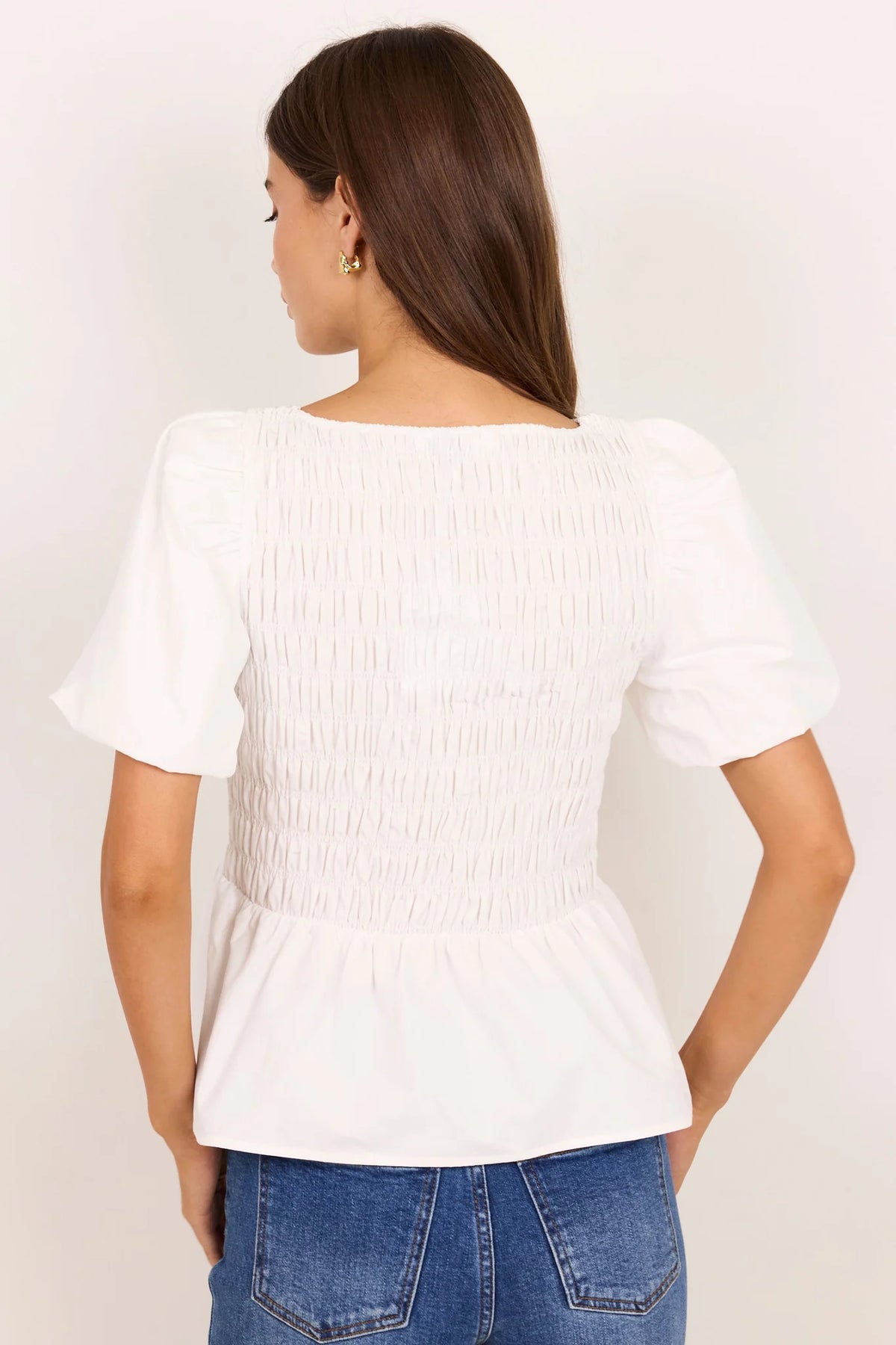 Stories Be Told Artifact Ivory Poplin Shirred Bubble Sleeve Top