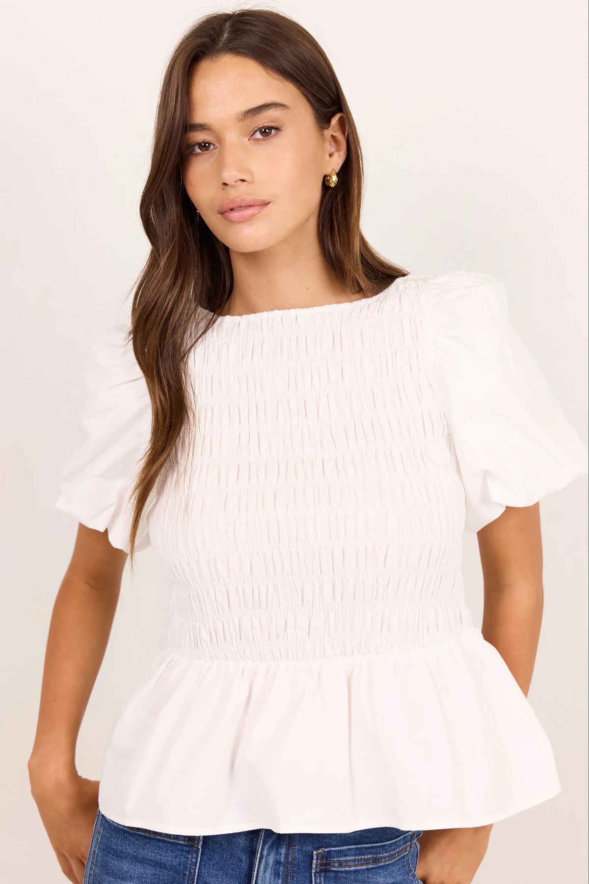 Stories Be Told Artifact Ivory Poplin Shirred Bubble Sleeve Top