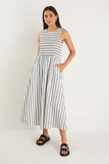 Bryar Ivory Black Stgripe Cotton Sleeveless Shirred Bodice Midi Dress