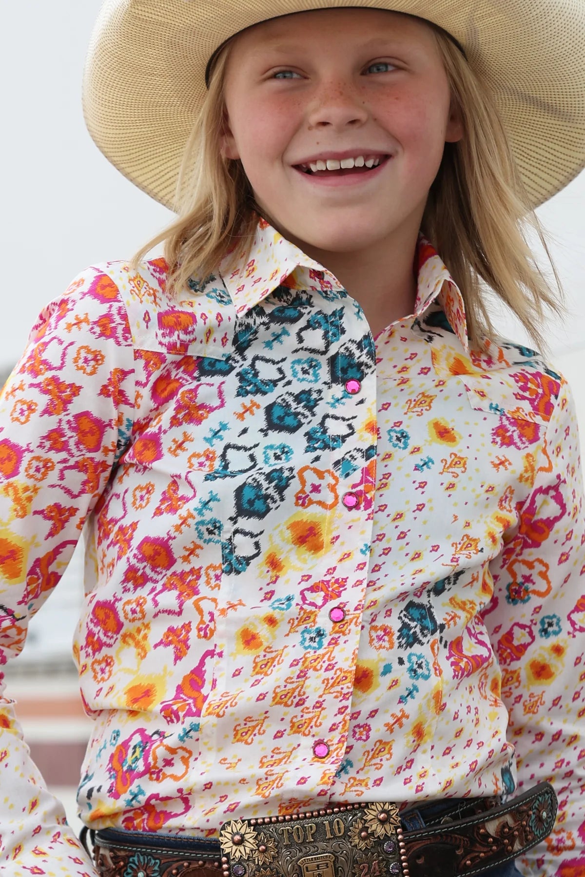 Cruel Girl's Cream Bold Abstract Print Rhinestone Snap Long Sleeve Western Shirt - CTW8040017