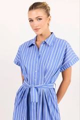 Among The Brave Camden Blue Wide Stripe Fit Flare Maxi Shirt Dress