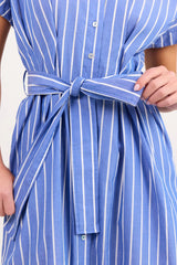 Among The Brave Camden Blue Wide Stripe Fit Flare Maxi Shirt Dress