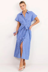 Among The Brave Camden Blue Wide Stripe Fit Flare Maxi Shirt Dress