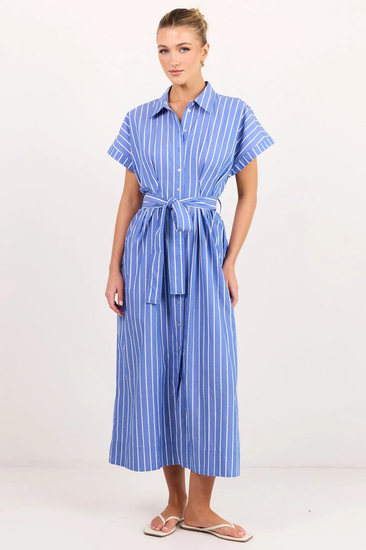 Among The Brave Camden Blue Wide Stripe Fit Flare Maxi Shirt Dress