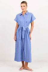 Among The Brave Camden Blue Wide Stripe Fit Flare Maxi Shirt Dress
