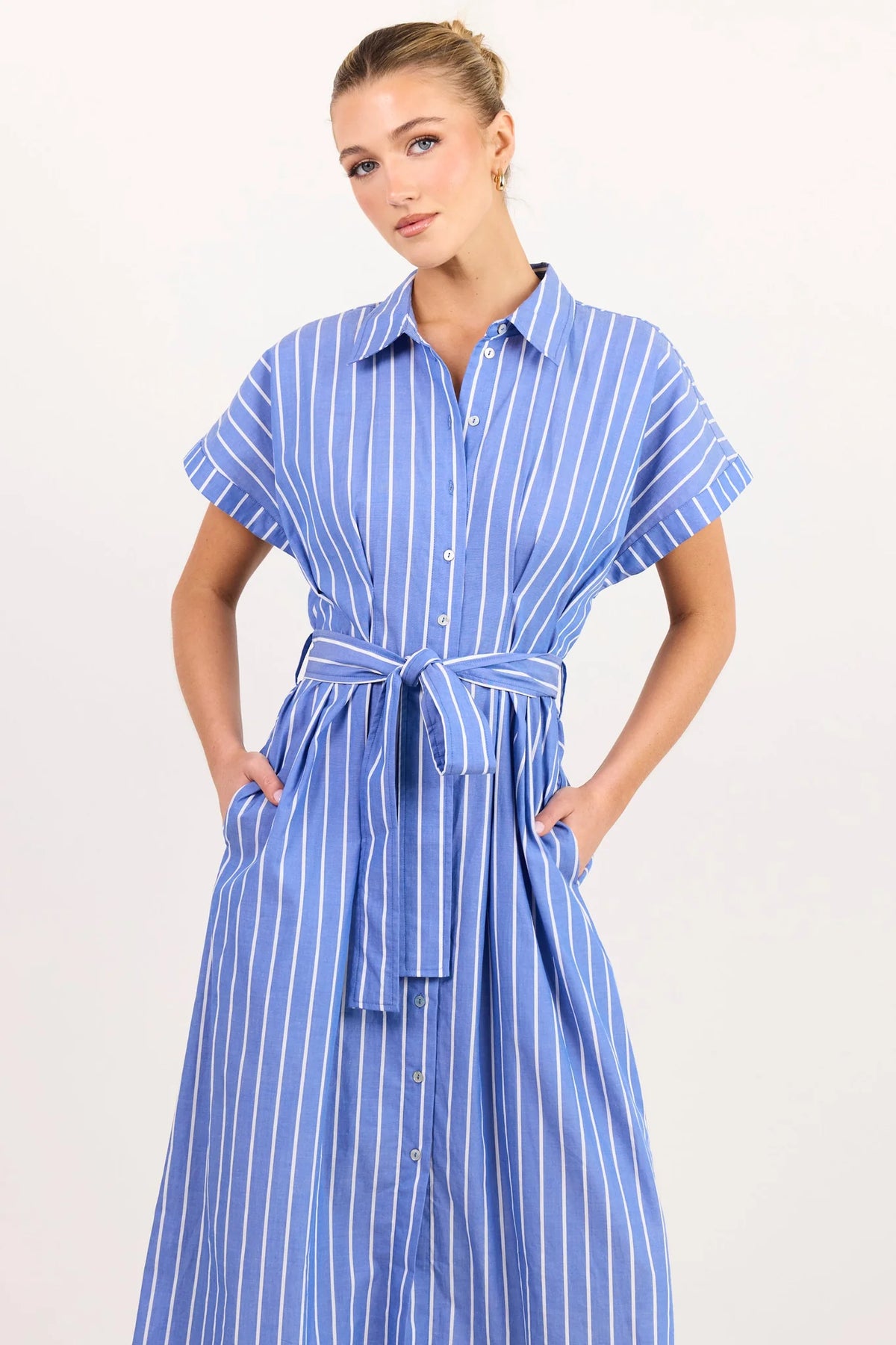 Among The Brave Camden Blue Wide Stripe Fit Flare Maxi Shirt Dress