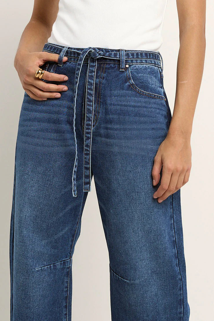 Flo & Frankie Ladies Campus Deep Blue Tie Waist Barrel Jeans