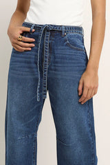 Flo & Frankie Ladies Campus Deep Blue Tie Waist Barrel Jeans