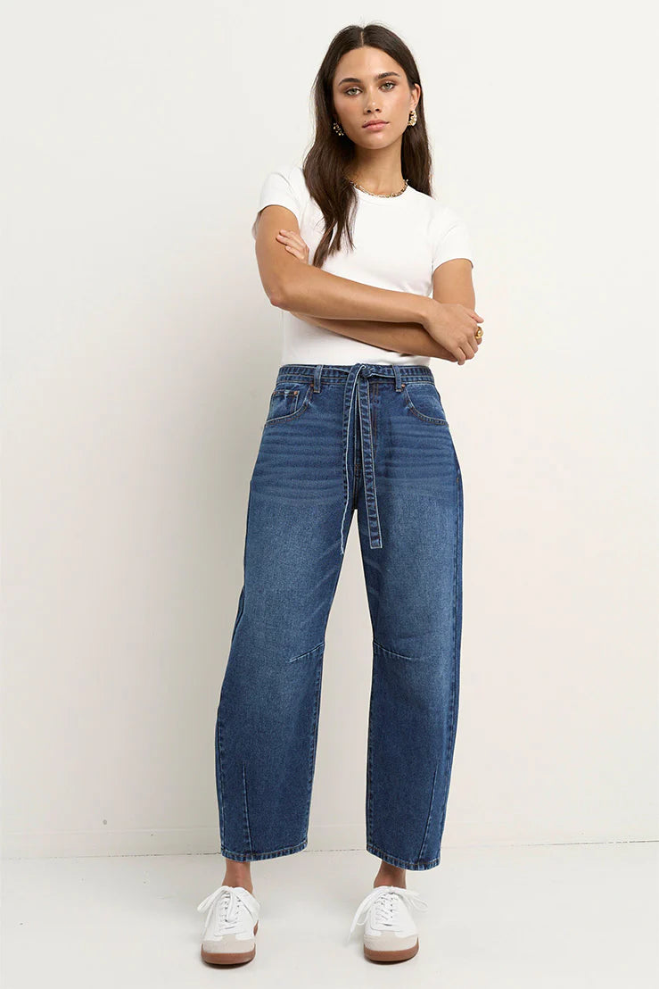 Flo & Frankie Ladies Campus Deep Blue Tie Waist Barrel Jeans