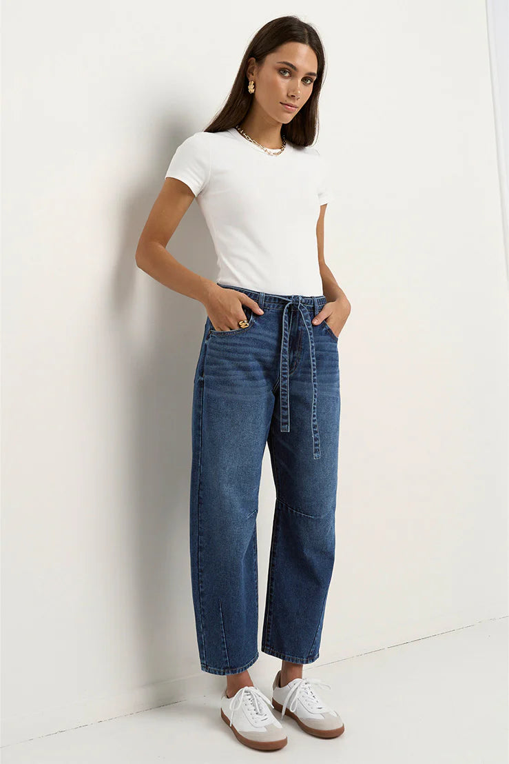 Flo & Frankie Ladies Campus Deep Blue Tie Waist Barrel Jeans