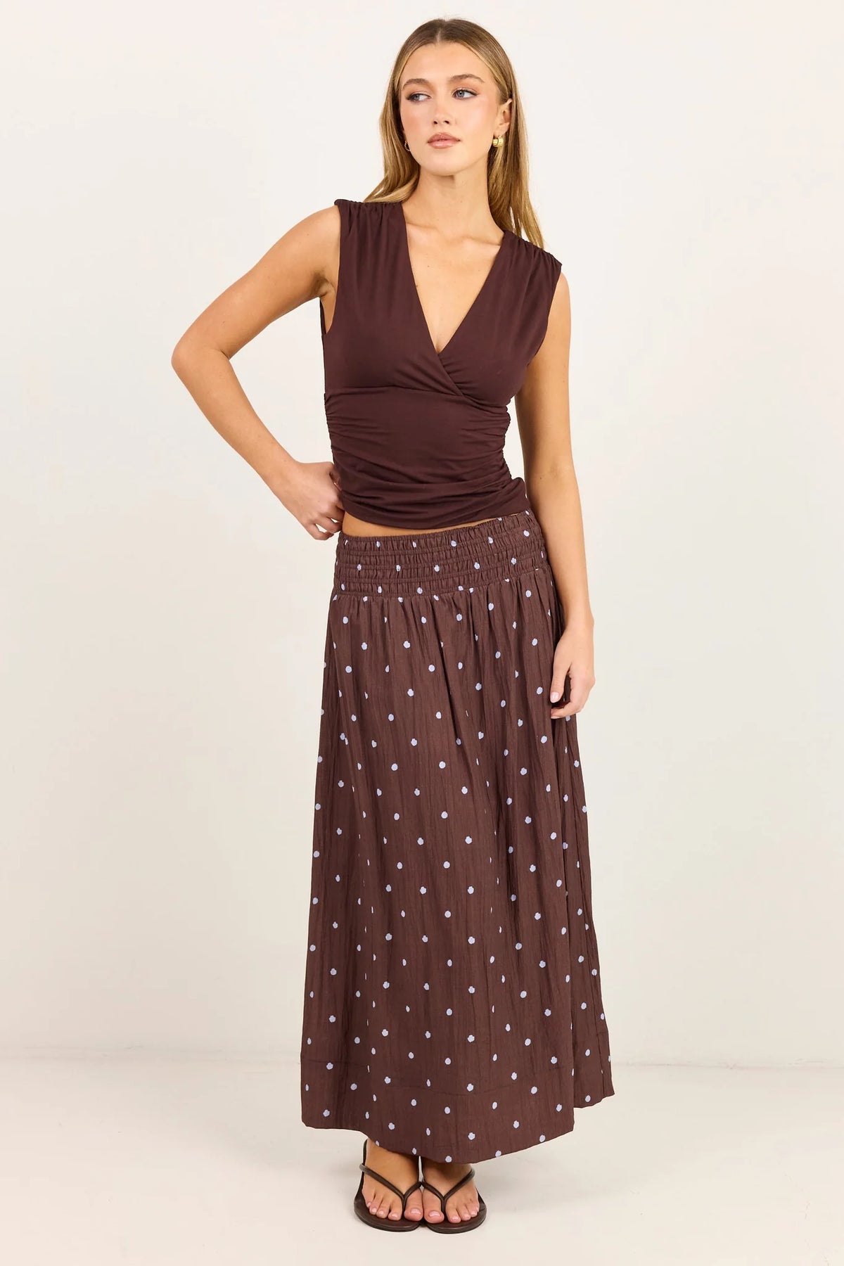 Stories Be Wanderlust Mocha Blue Polka Dot Shirred Waist Maxi Skirt