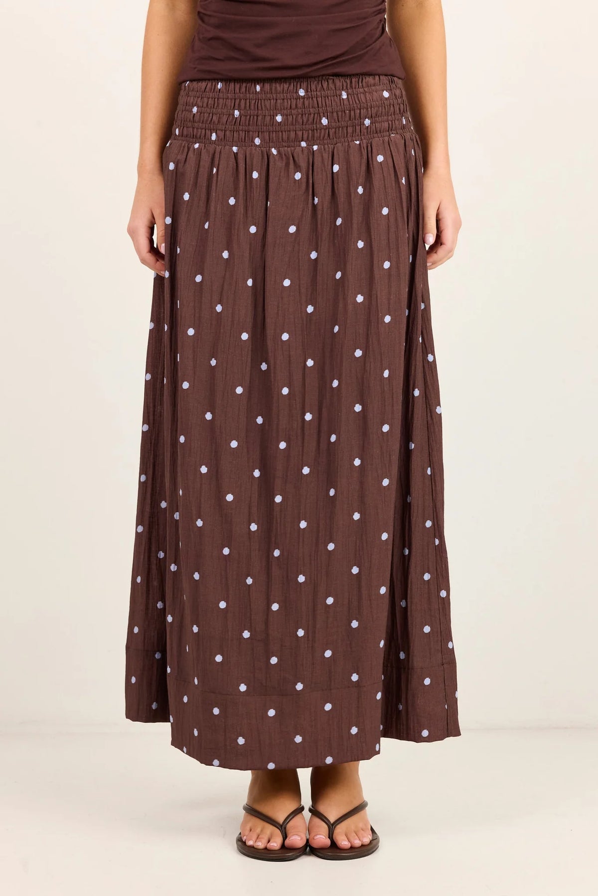 Stories Be Wanderlust Mocha Blue Polka Dot Shirred Waist Maxi Skirt