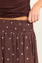 Stories Be Wanderlust Mocha Blue Polka Dot Shirred Waist Maxi Skirt