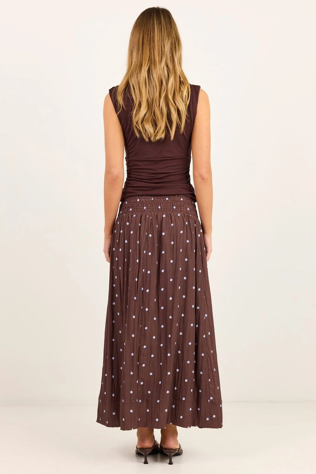 Stories Be Wanderlust Mocha Blue Polka Dot Shirred Waist Maxi Skirt